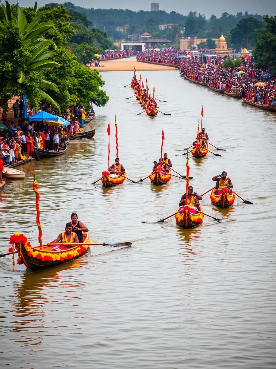 Decorated long canoes with paddlers during a river regatta watched by a crowd on the shore