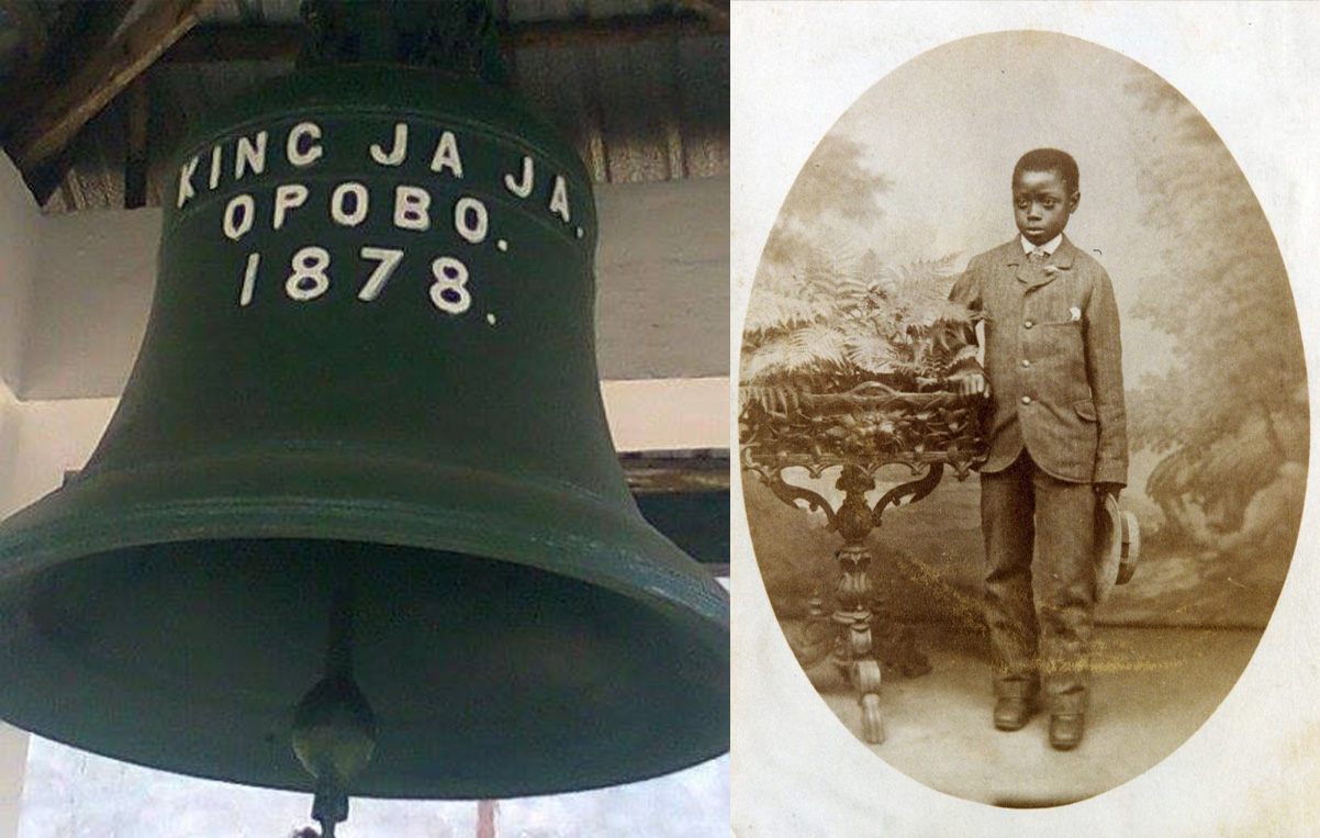 The 1878 bronze bell cast for King Jaja of Opobo beside a sepia portrait of the King in colonial dress