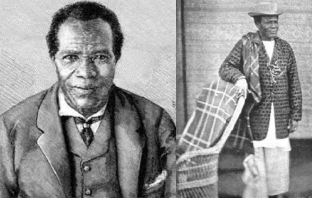 Two archival photographs of King Jaja of Opobo, seated in a suit and standing in traditional cloth